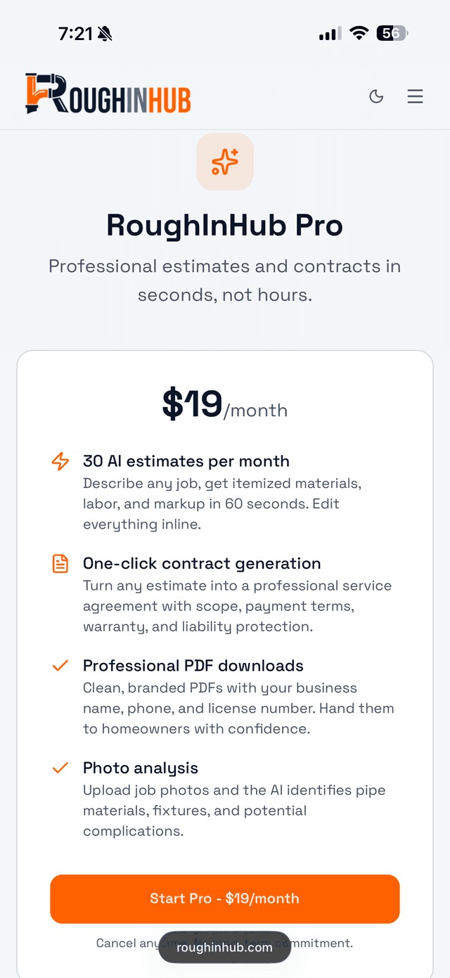 RoughInHub Pro plan features including AI estimates, contract generation, and PDF downloads